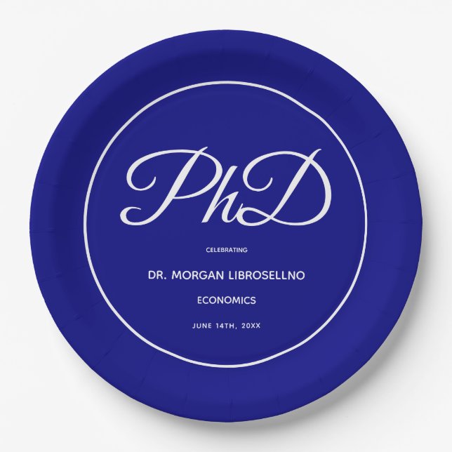 PhD degree Blue Graduation Party Paper Plate (Front)