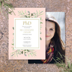 Phd Degree Blush Pink Greenery Photo Graduation Invitation