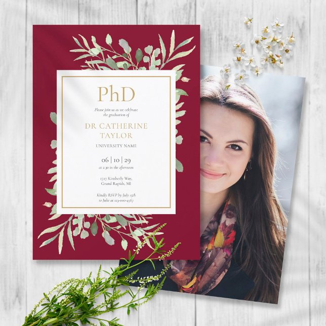 Phd Degree Burgundy Greenery Photo Graduation Invitation (Creator Uploaded)