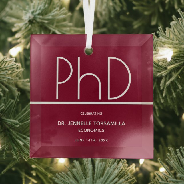 PhD degree Burgundy Keepsake Graduation Glass Tree Decoration (Insitu)