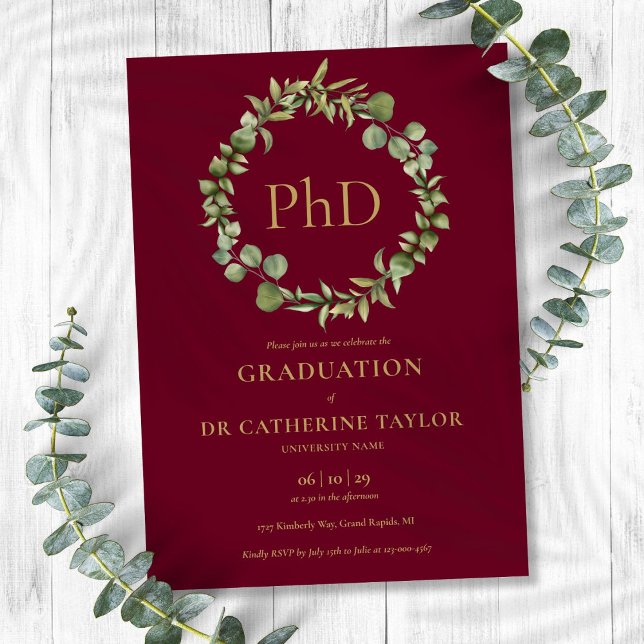 PhD Degree Burgundy Red Garland  Graduation Party Invitation (PhD Degree Burgundy Red Garland Graduation Party Invitation)