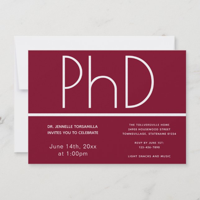 PhD degree Burgundy White Graduation Party Invitation (Front)