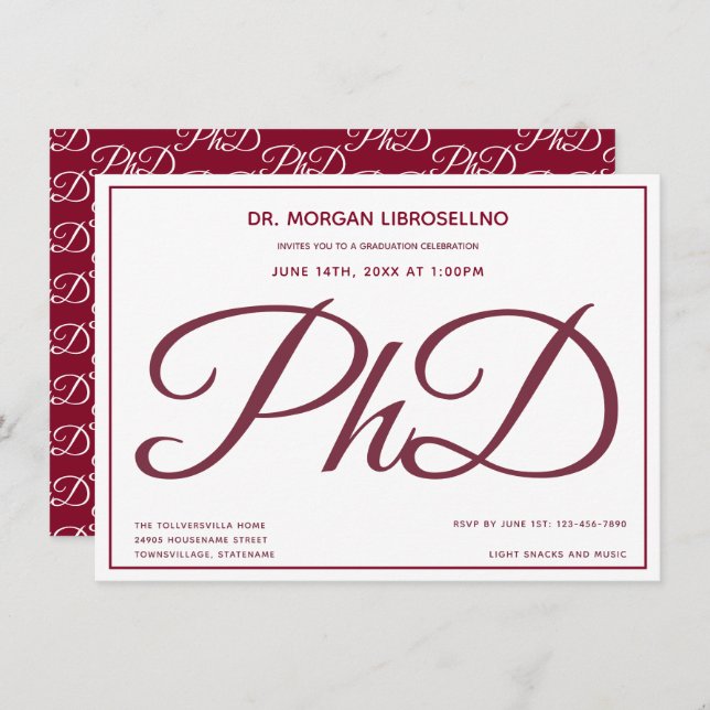 PhD degree Burgundy White Graduation Party Invitation (Front/Back)