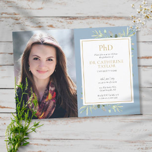 PhD Degree Dusty Blue Greenery Graduation Photo Invitation