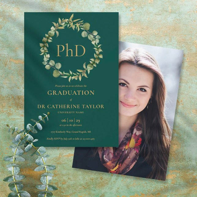 PhD Degree Emerald Garland Photo Graduation Party Invitation (Creator Uploaded)