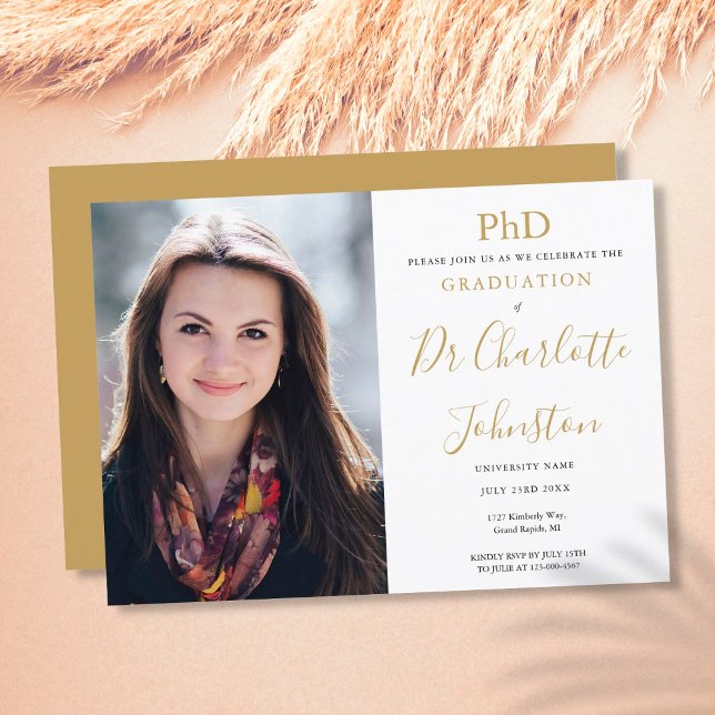PhD Degree Gold Script Graduation Party Photo Invitation (PhD Degree Gold Script Graduation Party Photo Invitation)