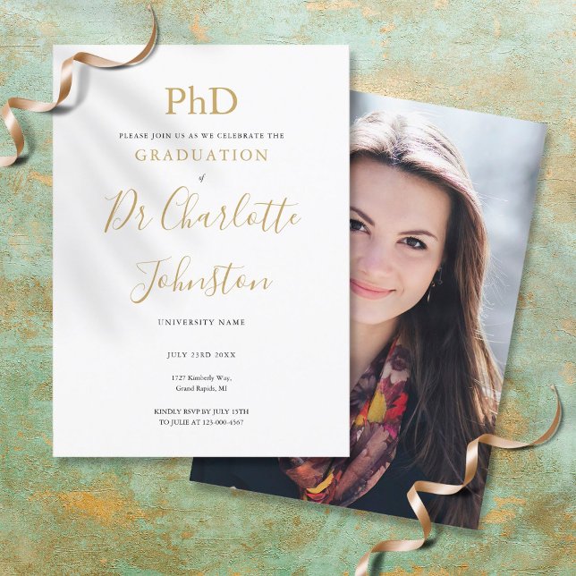 PhD Degree Gold Script Photo Graduation Party Invitation (Creator Uploaded)