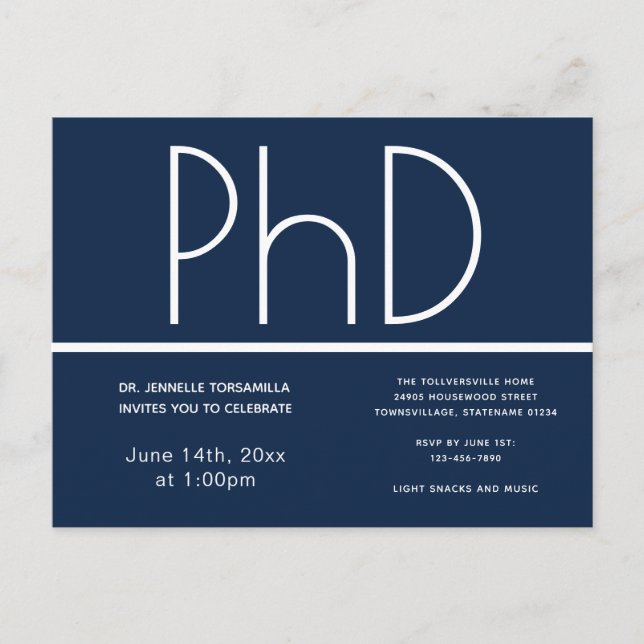 PhD degree Graduation Party Invitation Blue Postcard (Front)
