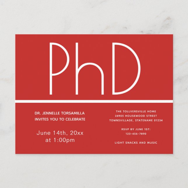 PhD degree Graduation Party Invitation Postcard (Front)