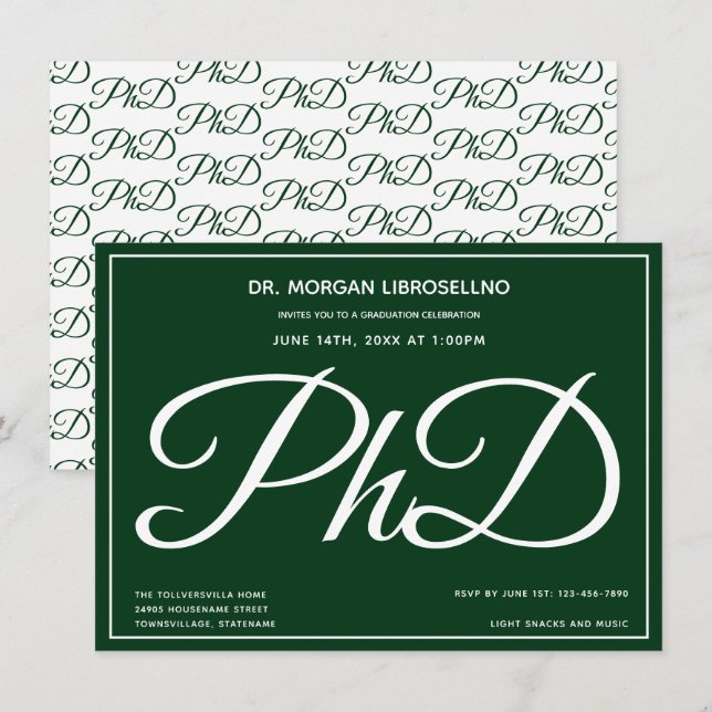 PhD degree Green Graduation Party Invitation (Front/Back)