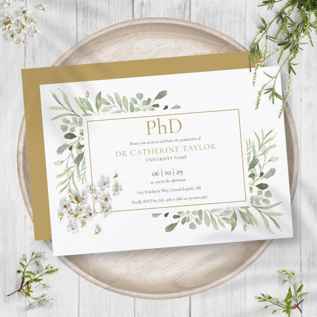 Phd Degree Greenery Foliage Gold Graduation Invitation (Phd Degree Greenery Foliage Gold Graduation Invitation)