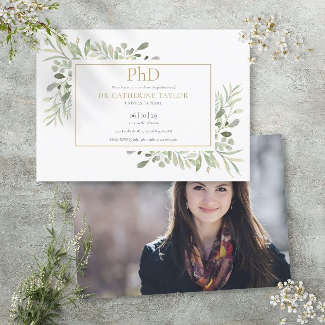 Phd Degree Greenery Foliage Photo Graduation Invitation (Phd Degree Greenery Foliage Photo Graduation Invitation)
