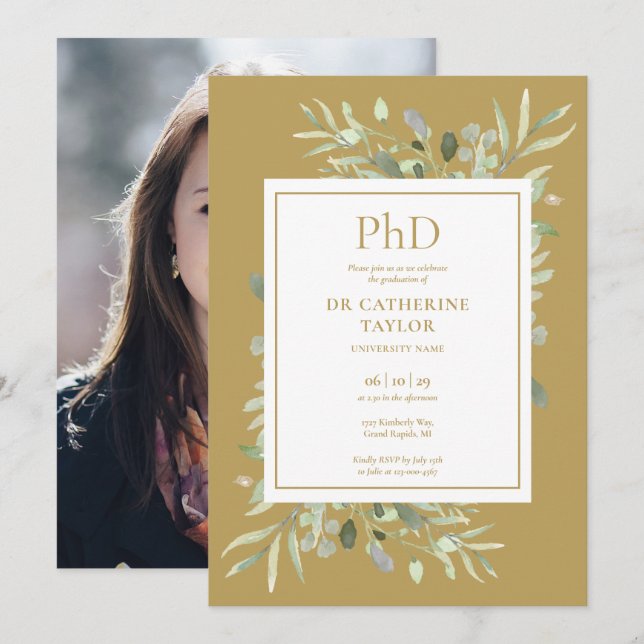 Phd Degree Greenery Photo Gold Graduation Invitation (Front/Back)