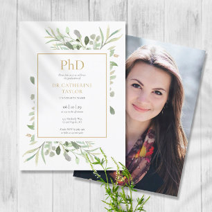 Phd Degree Greenery Photo Graduation Party Invitation
