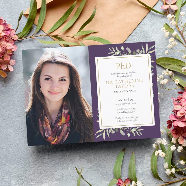 PhD Degree Greenery Purple Gold Graduation Photo Invitation (Creator Uploaded)