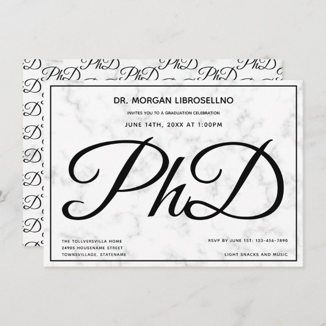 PhD degree Marble Graduation Party Invitation (Front/Back)