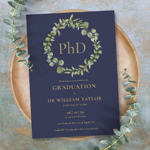 PhD Degree Navy Blue Garland Graduation Party Invitation