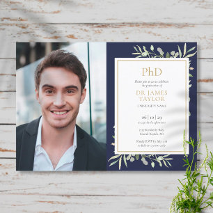 PhD Degree Navy Blue Greenery Graduation Photo Invitation