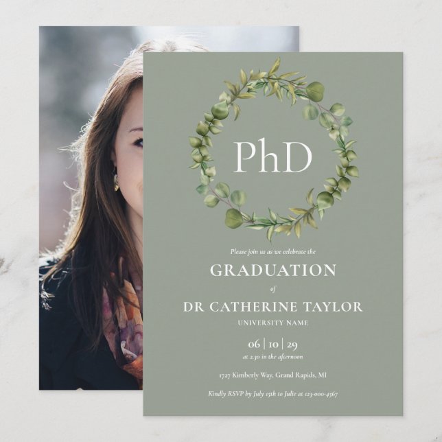 PhD Degree Sage Garland Photo Graduation Party Invitation (Front/Back)