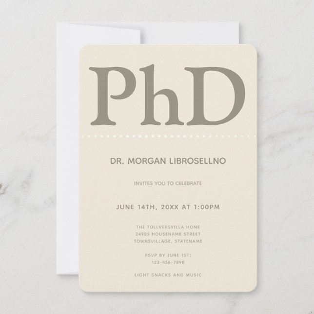 PhD degree Tan Khaki Graduation Party Invitation (Front)