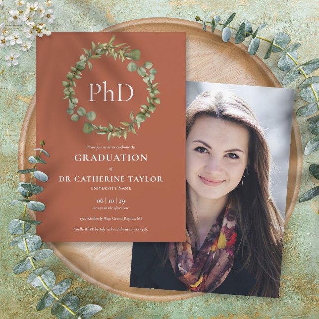 PhD Degree Terracotta Garland Photo Graduation Invitation (Creator Uploaded)