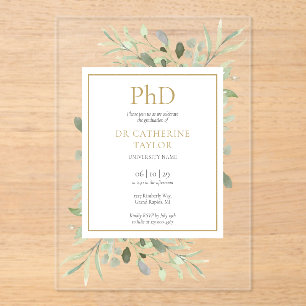Phd Degree Watercolor Greenery Floral Graduation  Acrylic Invitations