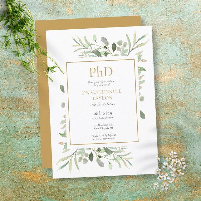 Phd Degree Watercolor Greenery Gold Graduation Invitation (Creator Uploaded)