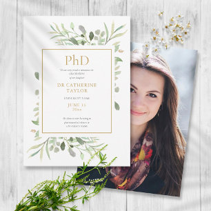 Phd Degree Watercolor Greenery Photo Graduation Announcement