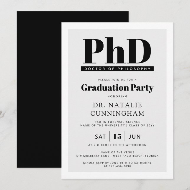 PhD Doctor of Philosophy Doctoral Graduation Invitation (Front/Back)