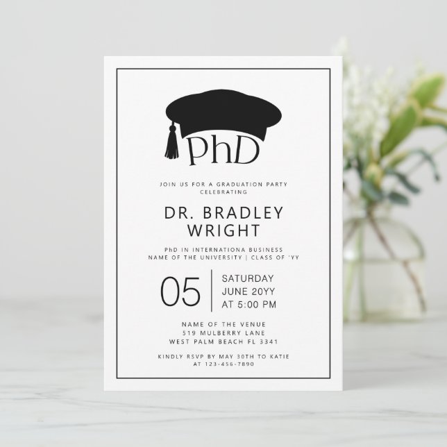 Phd Doctorate Hat Doctoral Degree Graduation Invitation (Standing Front)