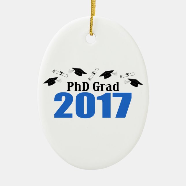 PhD Grad 2017 Caps And Diplomas (Blue) Ceramic Tree Decoration (Front)
