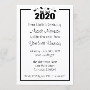 PhD Grad 2020 Graduation Invitation (Black Caps)