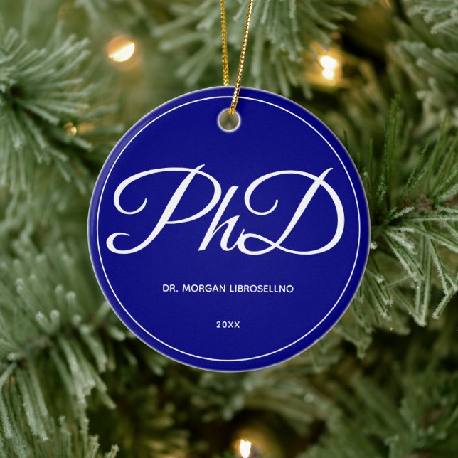 PhD Graduation Blue Name Year Ceramic Ornament (Tree)
