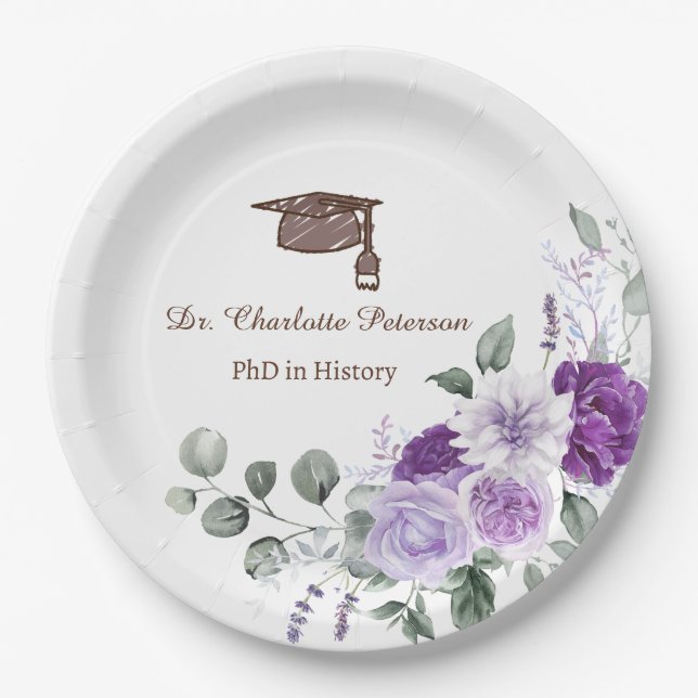 Phd Graduation Party Floral  Paper Plate (Front)