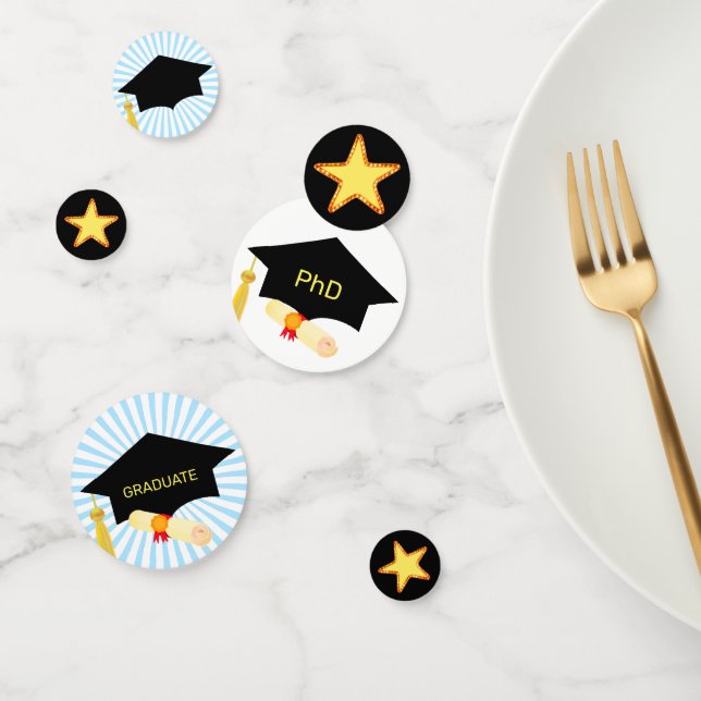 PhD Graduation Stars on Black. Blue & White Confetti (Group)
