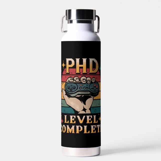 PhD Level Complete Graduation Doctorate Gaming Water Bottle (Front)