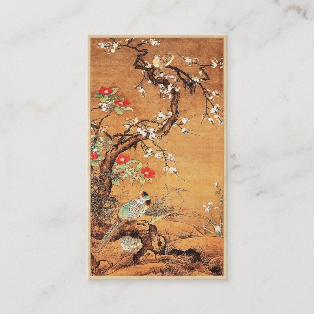Pheasant and camellia oriental chinese ink art business card (Front)