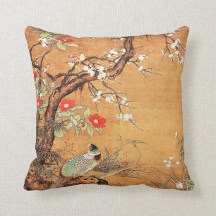 Pheasant and camellia oriental chinese ink art cushion