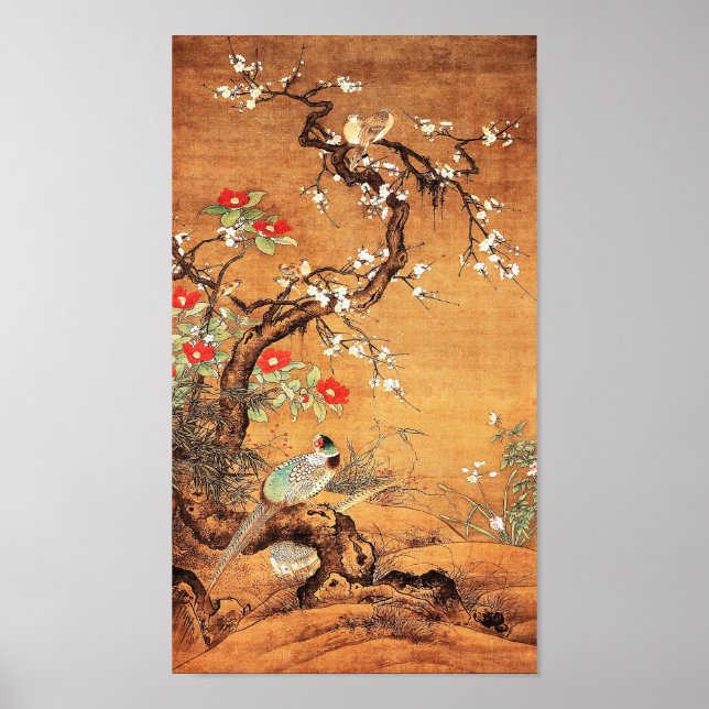 Pheasant and camellia oriental chinese ink art poster (Front)