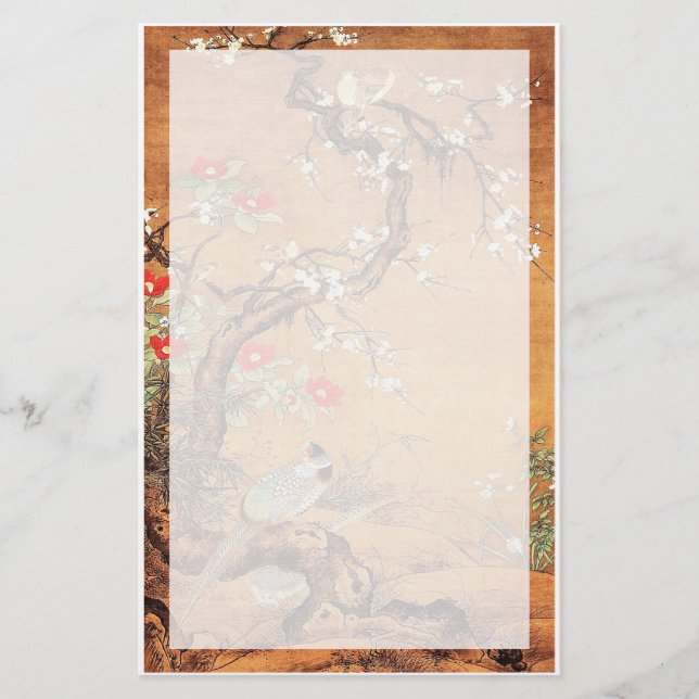 Pheasant and camellia oriental chinese ink art stationery (Front)