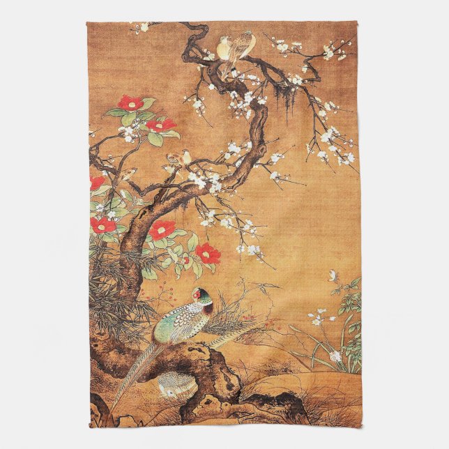 Pheasant and camellia oriental chinese ink art tea towel (Vertical)
