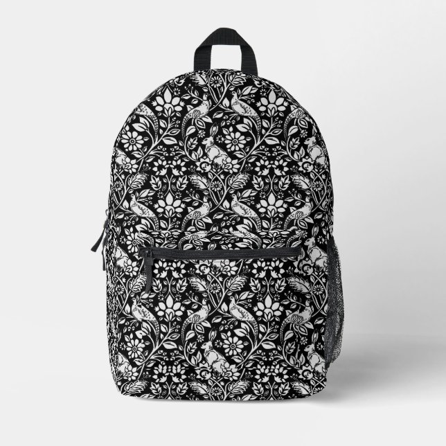 Pheasant and Hare Pattern, Black and White  Printed Backpack (Front)