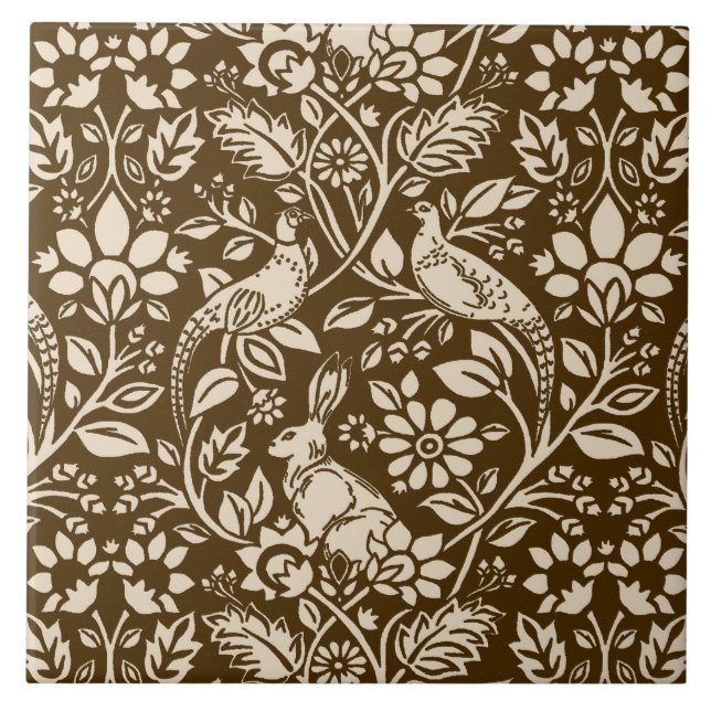 Pheasant and Hare Pattern, Brown and Beige Ceramic Tile (Front)