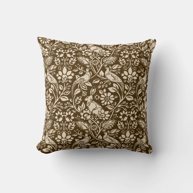 Pheasant and Hare Pattern, Brown and Beige Cushion (Front)