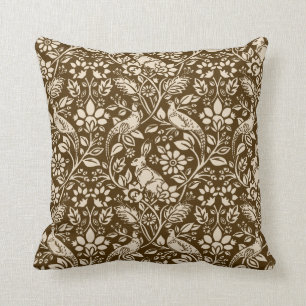 Pheasant and Hare Pattern, Brown and Beige Cushion