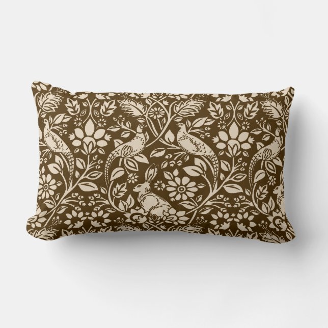 Pheasant and Hare Pattern, Brown and Beige   Lumbar Cushion (Front)