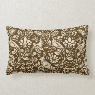 Pheasant and Hare Pattern, Brown and Beige Lumbar Cushion