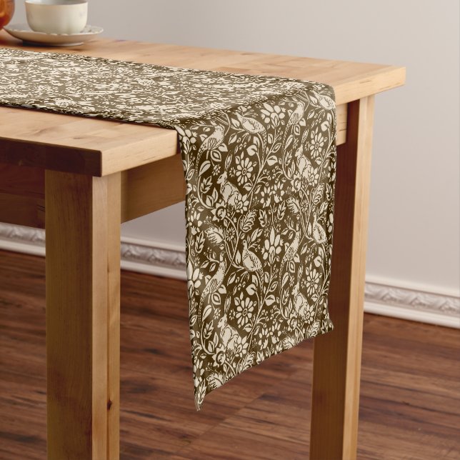 Pheasant and Hare Pattern, Brown and Beige  Short Table Runner (In Situ)