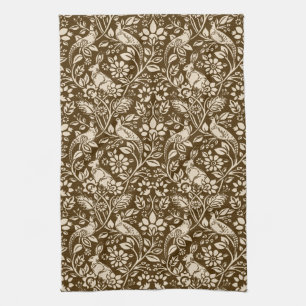 Pheasant and Hare Pattern, Brown and Beige  Tea Towel