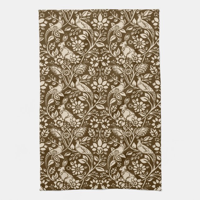Pheasant and Hare Pattern, Brown and Beige  Tea Towel (Vertical)